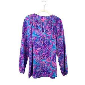 Lilly Pulitzer Elsa Silk Top Blouse Size M Turquoise Oasis Shelleidoscope artsy